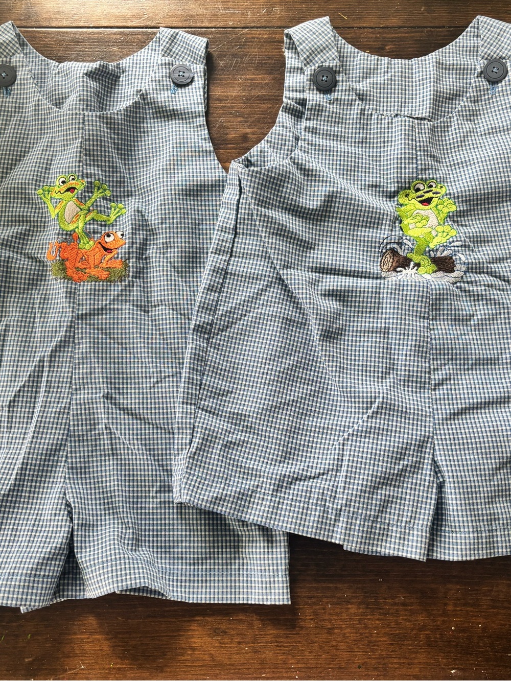 Blue Gingham Kids Romper Pair with Frog Appliqués